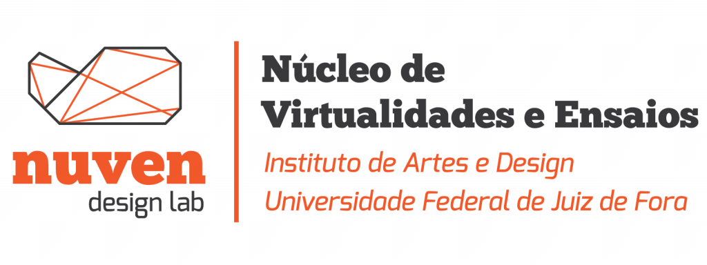 Imagem com o logotipo do NUVEN Design Lab à esquerda e descrição à direita: "Núcleo de Virtualidades e Ensaios - Instituto de Artes e Design - Universidade Federal de Juiz de Fora".