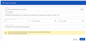 Tela do Siga X para anexar certificado