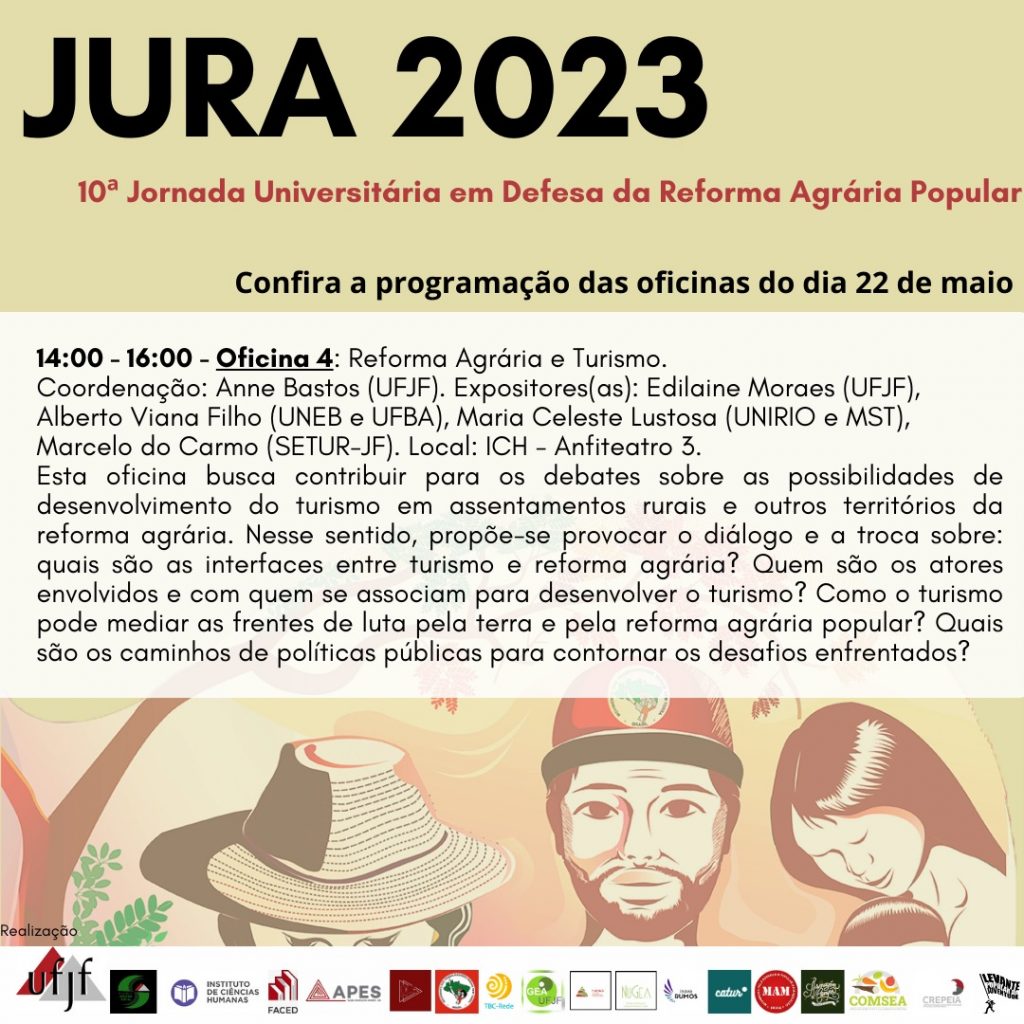 Programação Jura 2023 no ICH dia 22 oficina Reforma Agrária e turismo 14h - 16h 