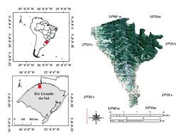 Mapa da região Sul do Brasil destacando o estado do Rio Grande do Sul com representações geográficas e coordenadas da Terra da Guarita