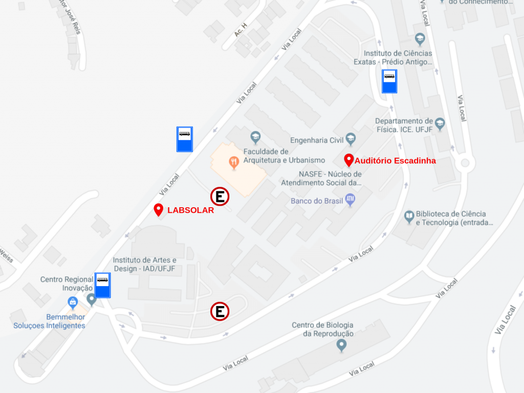 Mapa da Faculdade de Engenharia da UFJF com Descrição dos locais de aula, pontos de ônibus e estacionamentos próximos.