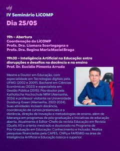 Card do IV Semin&aacute;rio LiCOMP com palestra do Prof. Dr. Eucidio Pimenta Arruda sobre Intelig&ecirc;ncia Artificial na Educa&ccedil;&atilde;o