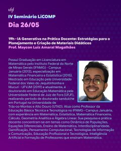 Card do IV Semin&aacute;rio LiCOMP com palestra do Prof. Maycon Luiz Amaral Magalh&atilde;es sobre IA Generativa na pr&aacute;tica docente