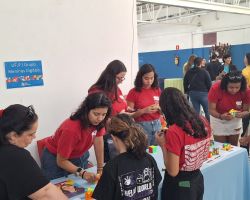Registro da Mostra Universitária. As voluntárias vestem as camisetas vermelhas do projeto, enquanto apresentam cubos mágicos e quebra-cabeças para alguns grupos de pais e alunas.