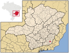 Mapa do estado de Minas Gerais destacando a localização da cidade de Cataguases