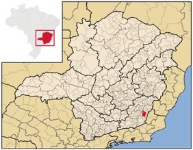 Mapa do estado de Minas Gerais destacando a localização da cidade de Muriaé.