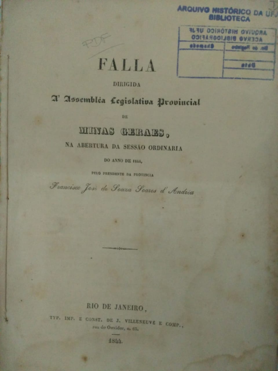 Livro de atas da Assembleia Provincial de Minas Gerais, 1844