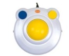 Mouse adaptado tipo trackball com corpo plástico branco em formato estilizado de urso, esfera amarela central e dois botões superiores, sendo um azul à esquerda e um amarelo à direita.