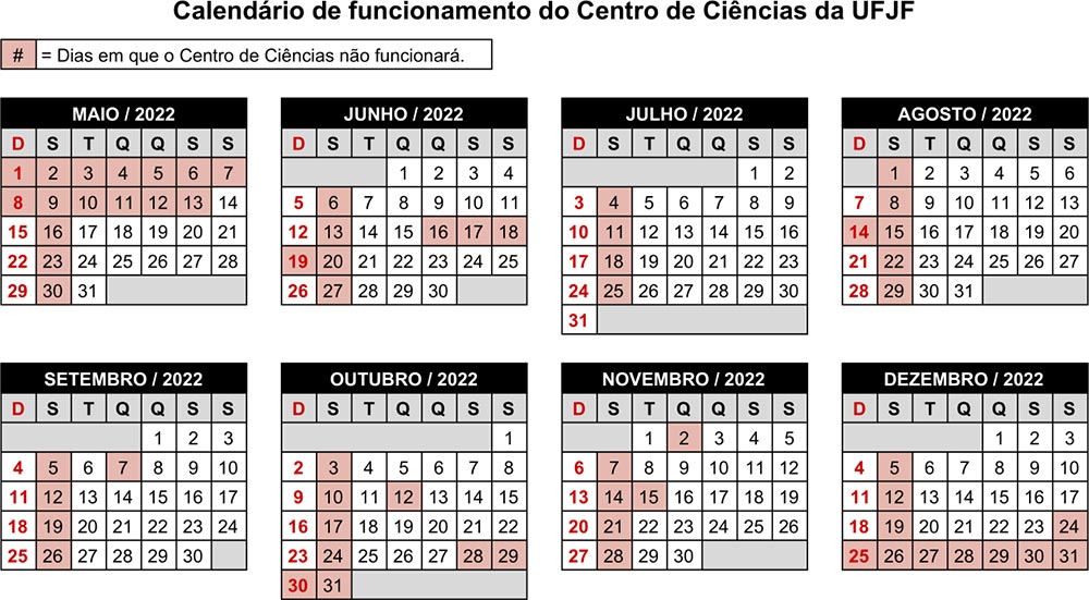Calendário de funcionamento do Centro de Ciências em 2022.