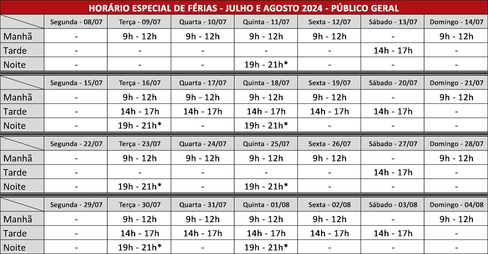 Tabela de horário de funcionamento especial de férias do Centro de Ciências em julho e agosto de 2024.
