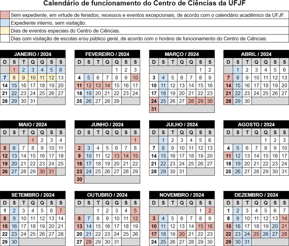 Calendário de funcionamento do Centro de Ciências em 2024.