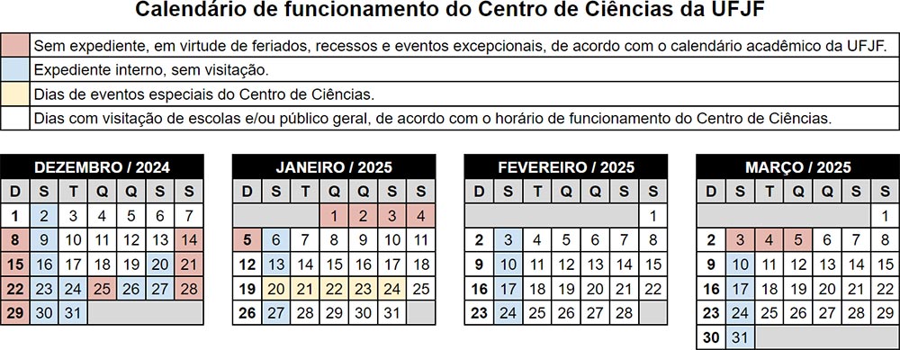 Calendário de funcionamento do Centro de Ciências de dezembro de 2024 a março de 2025.