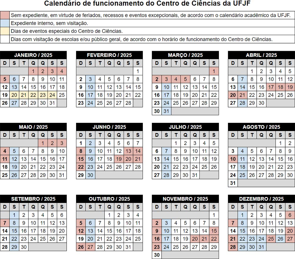 Calendário de funcionamento do Centro de Ciências em 2025.