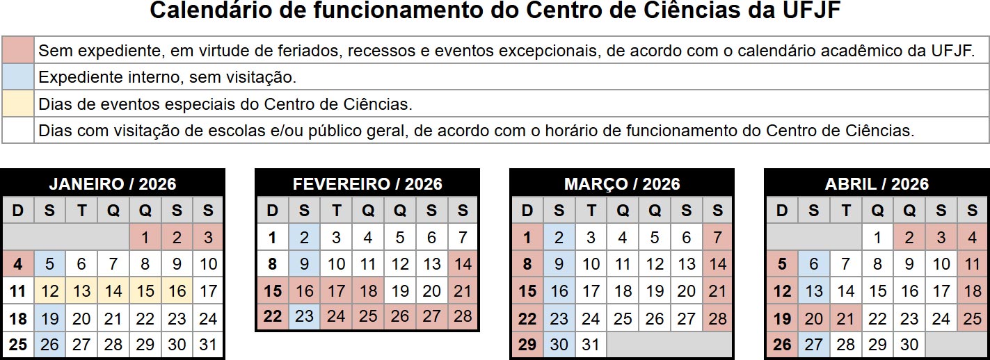 Calend&aacute;rio de funcionamento do Centro de Ci&ecirc;ncias 2026.