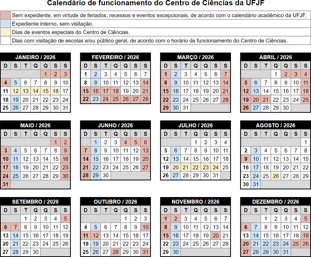 Calend&aacute;rio de funcionamento do Centro de Ci&ecirc;ncias 2026.