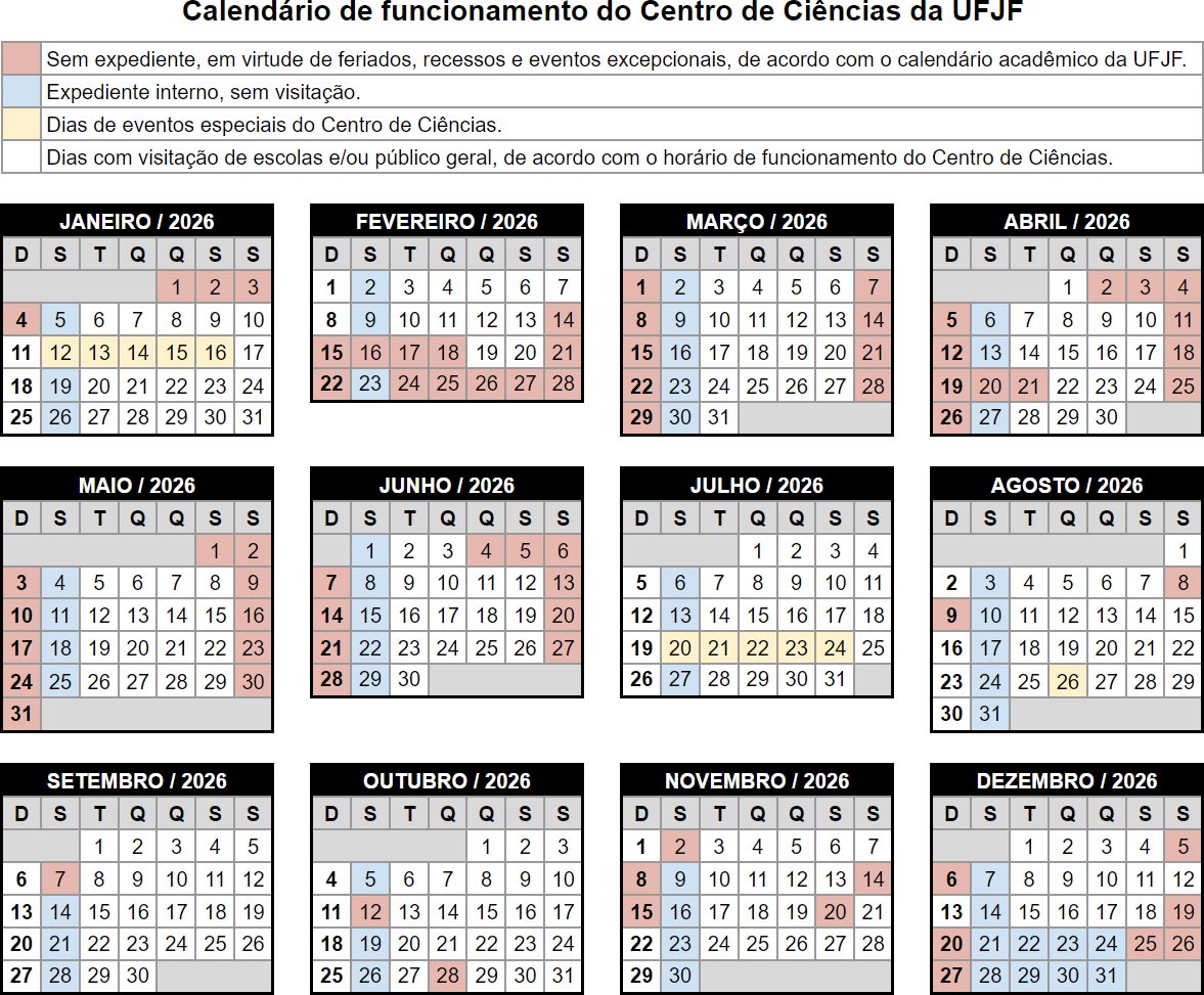 Calendário de funcionamento do Centro de Ciências 2026.