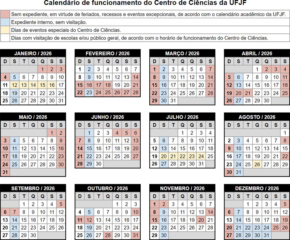 Calendário de funcionamento do Centro de Ciências 2026.