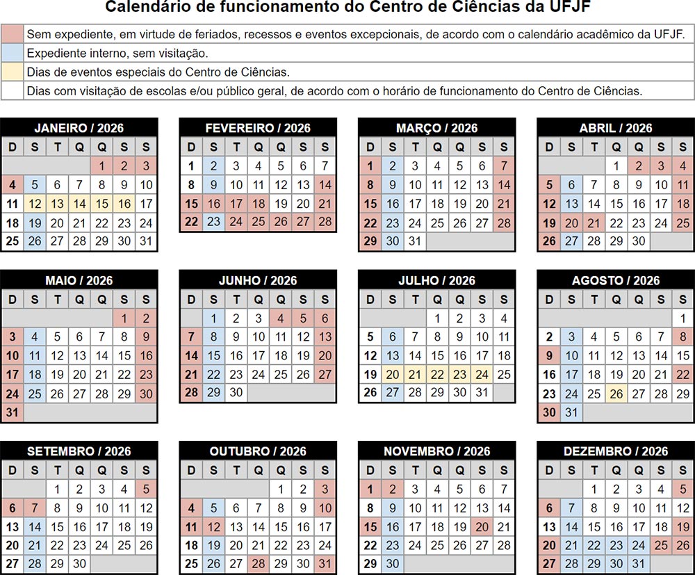 Calendário de funcionamento do Centro de Ciências em 2026.