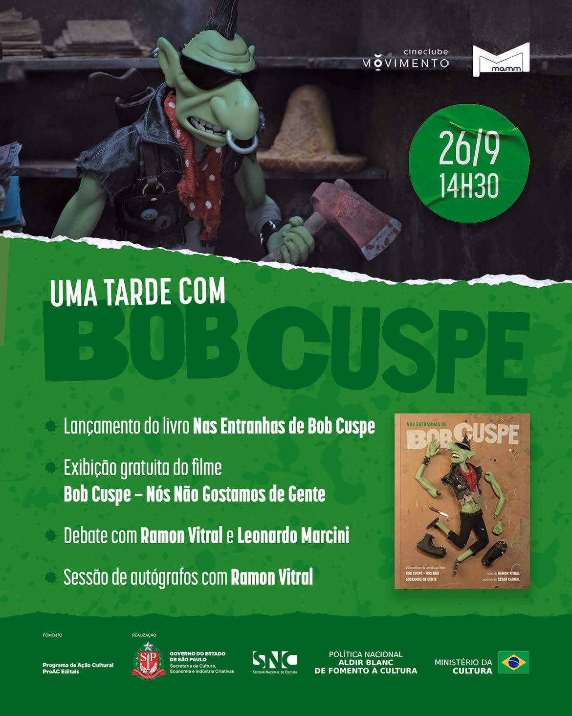 Uma tarde com Bob Cuspe: Exibição de “Bob Cuspe – Nós Não Gostamos de Gente” (2021) e lançamento do livro “Nas Entranhas de Bob Cuspe”