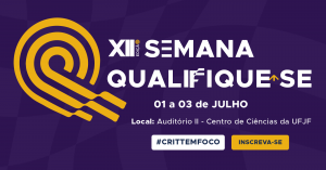 Capa da XII Semana Qualifique-se em roxo, contendo a logo do evento e a data do evento: 01 a 03 de julho