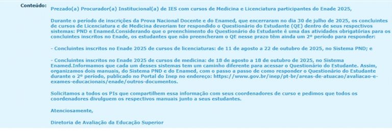 Enade 2025: Inep reabre prazo para preencher o Questionário do ...