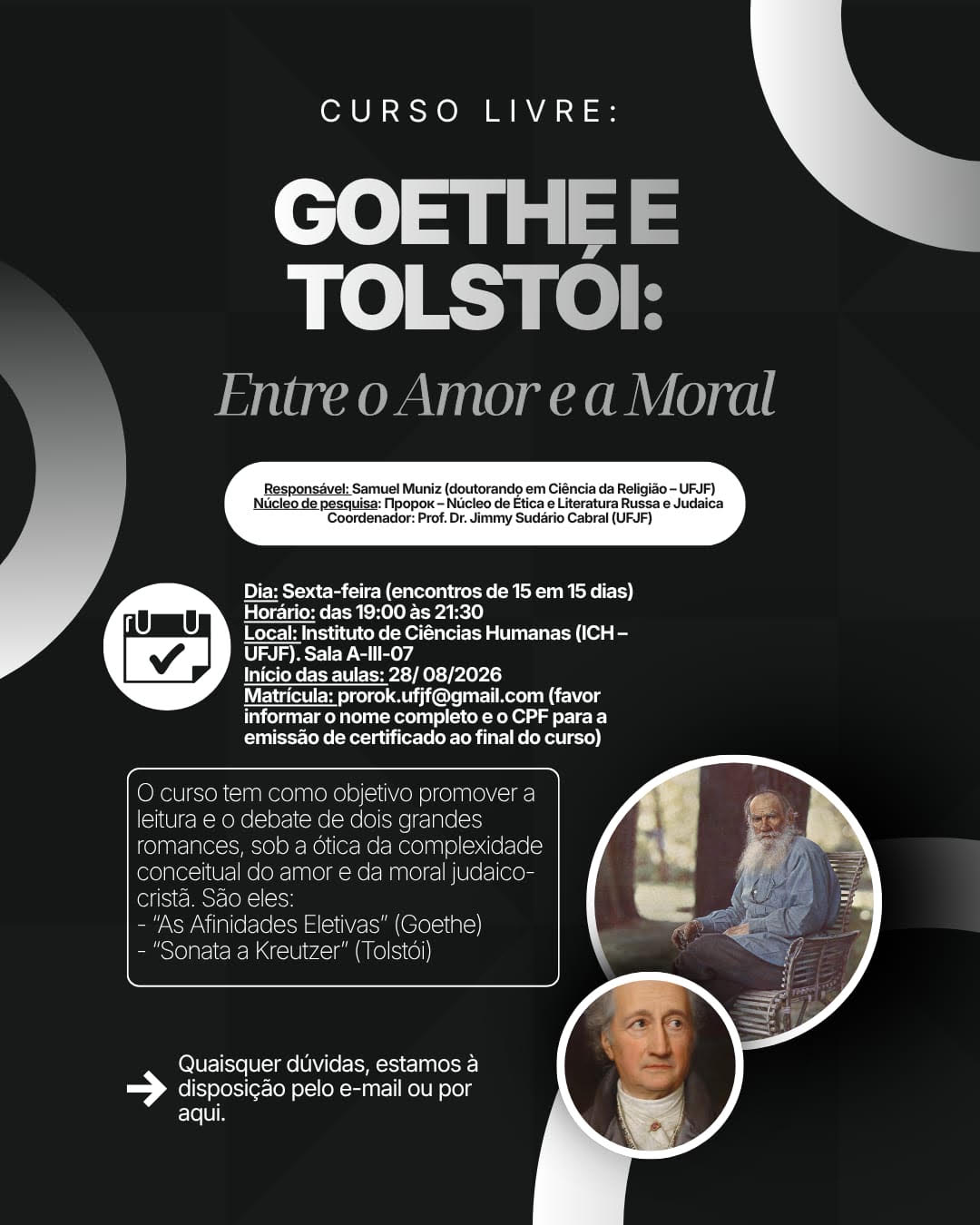 Curso livre promove diálogo entre Goethe e Tolstói em encontros quinzenais na UFJF