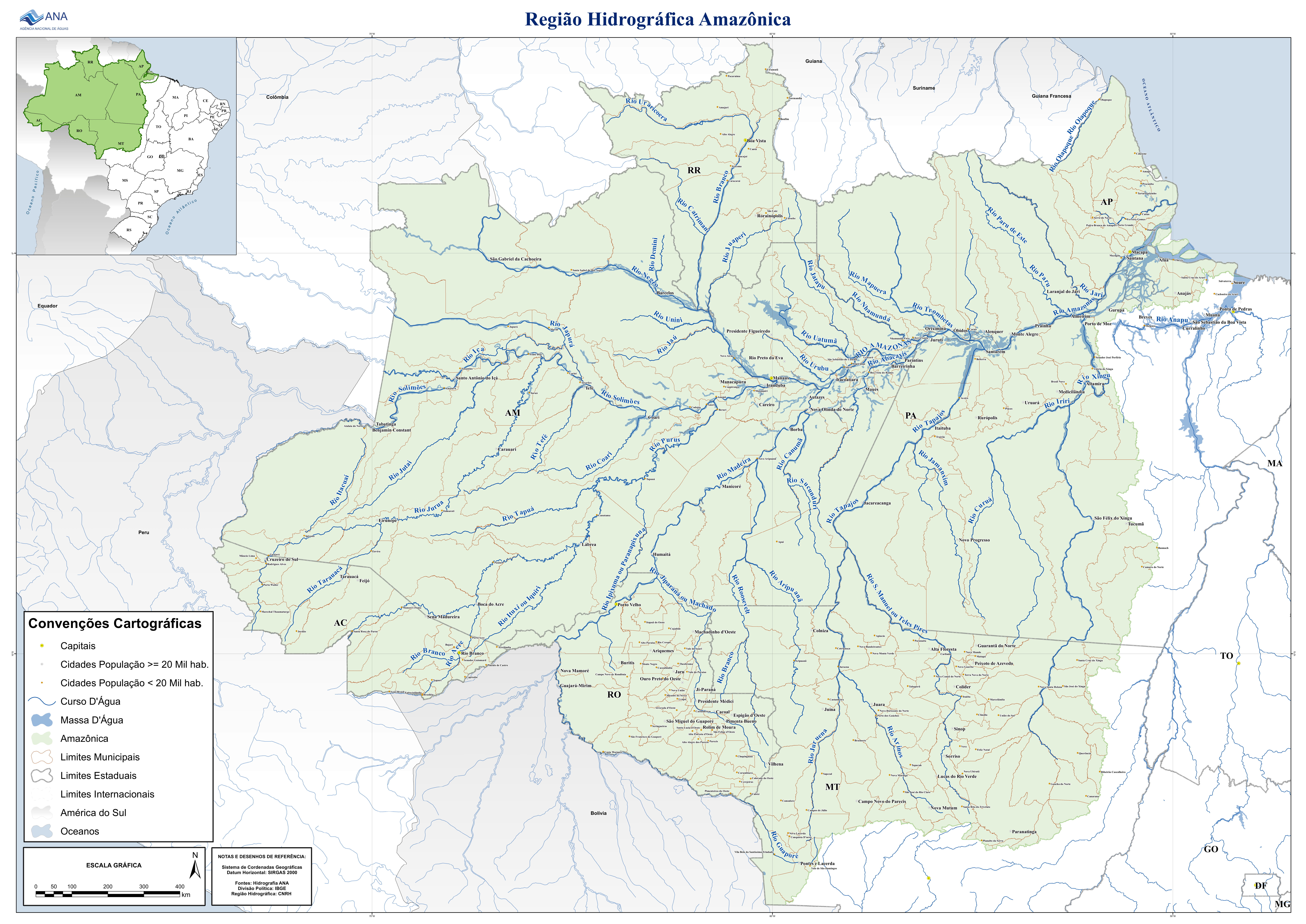 Mapa da região hidrográfica Amazônica, mostrando as ramificações dos rios.