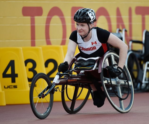 Toronto, ON - Aug 13 2015 - Ilana Dupont competes in the Women's 100m T53 Final in the CIBC Athletics Stadium during the Toronto 2015 Parapan American Games  (Photo: Matthew Murnaghan/Canadian Paralympic Committee)