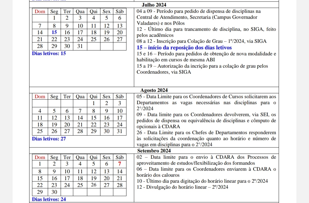 Calendário Acadêmico de Recomposição 2024