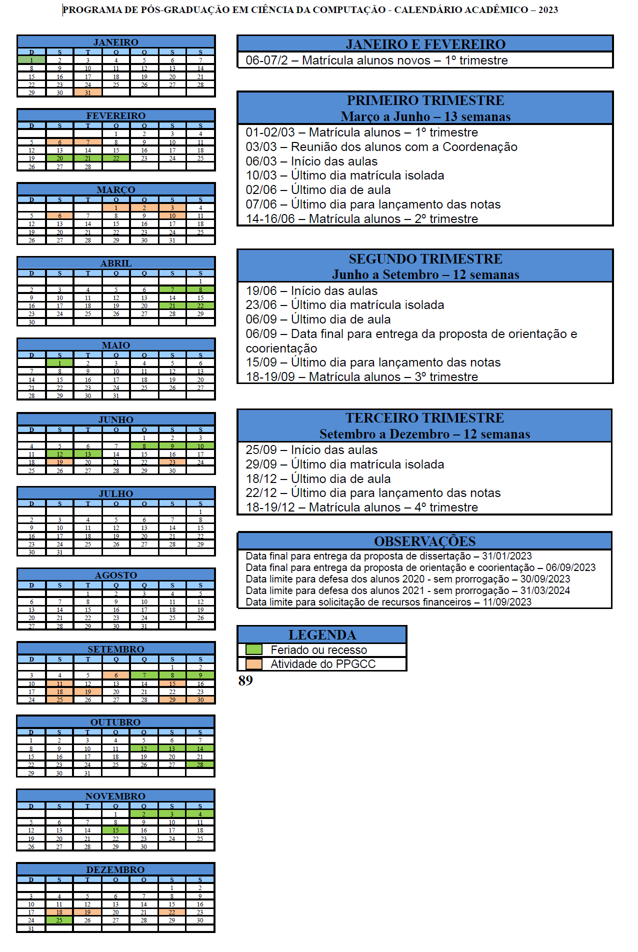 Calendários PósGraduação em Ciência da Computação