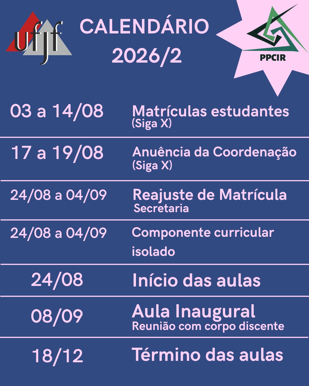 Calendário e horários do semestre 2º/2026