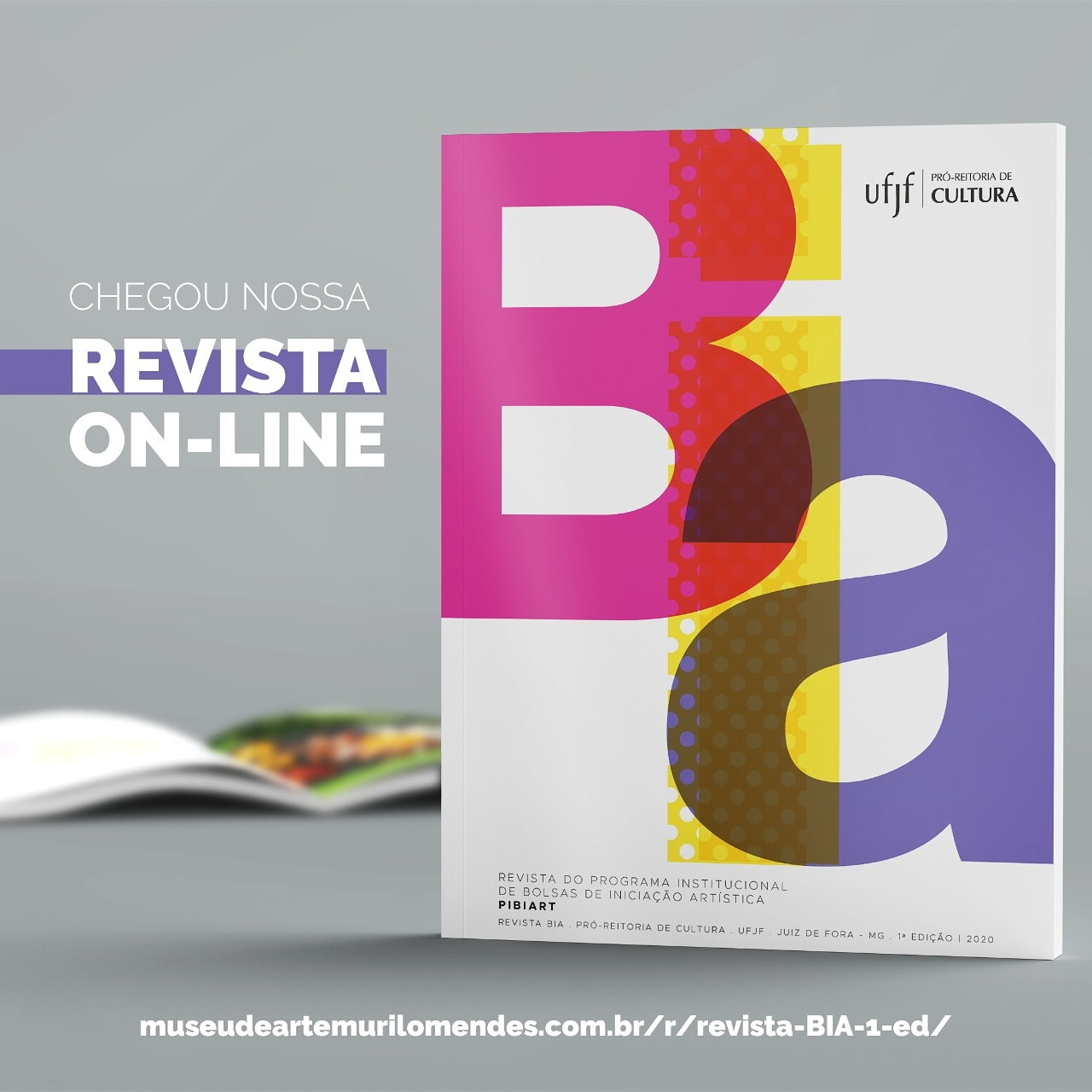 Imagem contendo a capa da revista BIA, uma revista aberta ao fundo, texto dizendo "Chegou nossa revista on-line" e, no rodapé, link para acesso à revista.