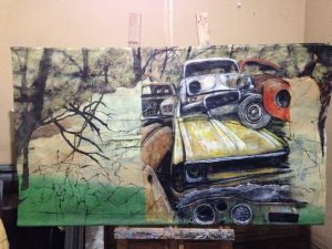 Ramon Brandão - "Fim de linha", acrílica sobre tela. Pintura com alguns carros coloridos amontoados, como num depósito.