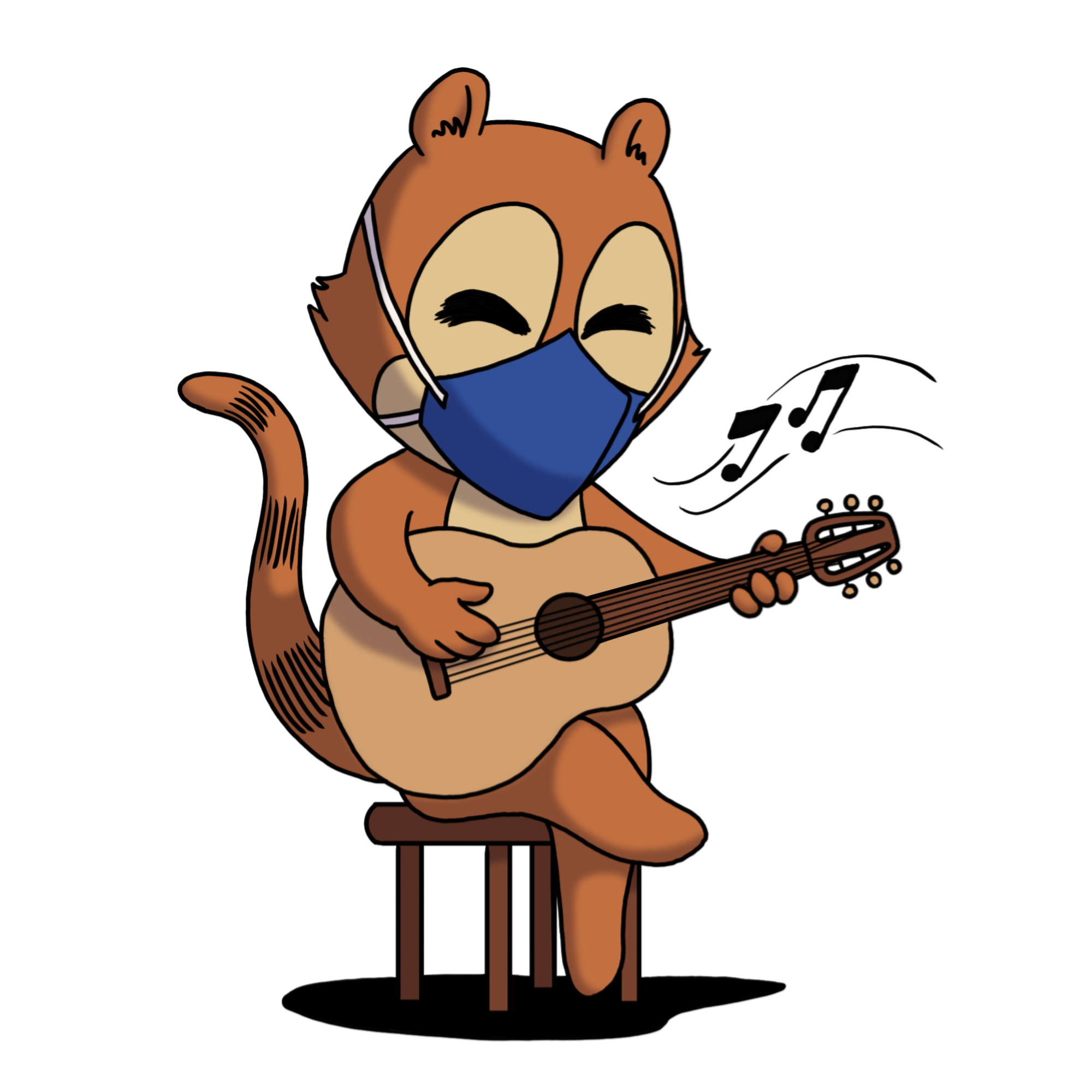 Mascote da SBPC, esquilo Quark tocando violão e usando máscara de proteção facial. 