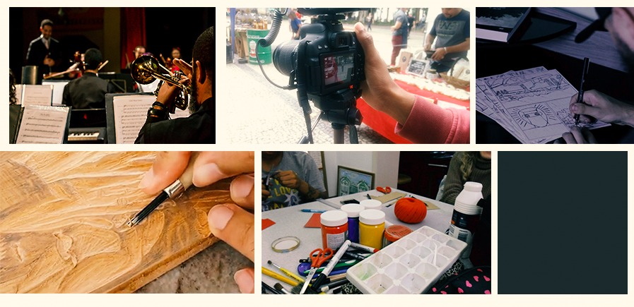 Colagem de fotos de produção artística: uma orquestra; uma câmera fotográfica; uma pessoa desenhando; uma matriz de xilogravura e uma mesa com vidros de tinta, pincéis e canetas.