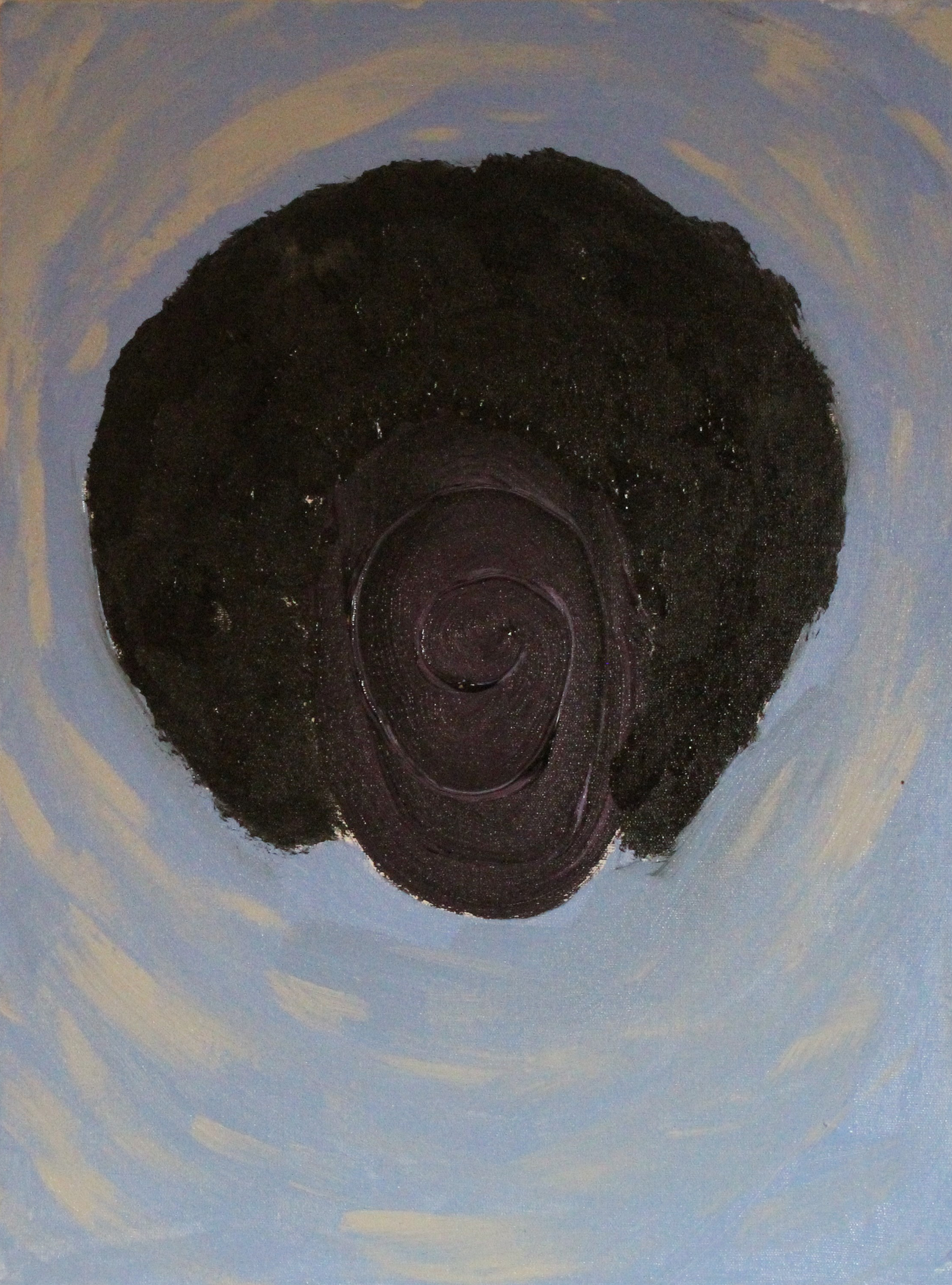 Foto da obra "Autorretrato", do artista Di França. Um rosto negro, em forma de vórtice ou elipse, com cabelo black power. 