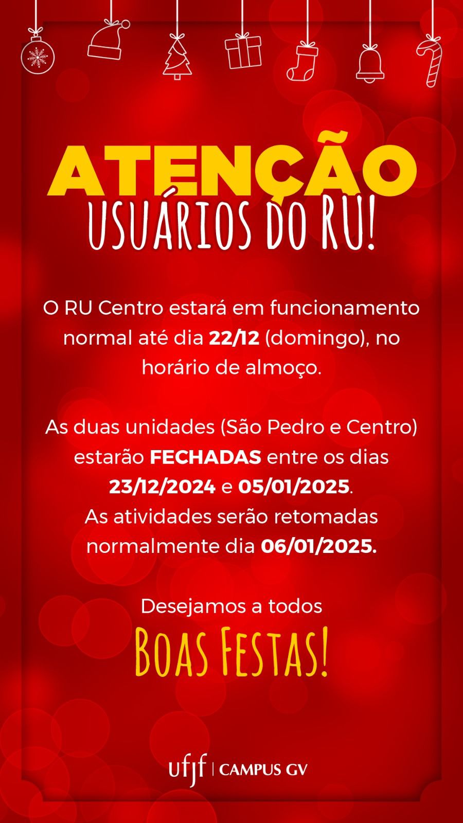 FUNCIONAMENTO RU – RECESSO DE FIM DE ANO