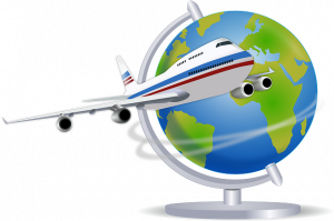 Ilustração de um avião viajando pelo mundo.