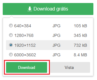 Imagem da caixa de download do Pixabay com opções de tamanho para baixar, o botão Download está destacado