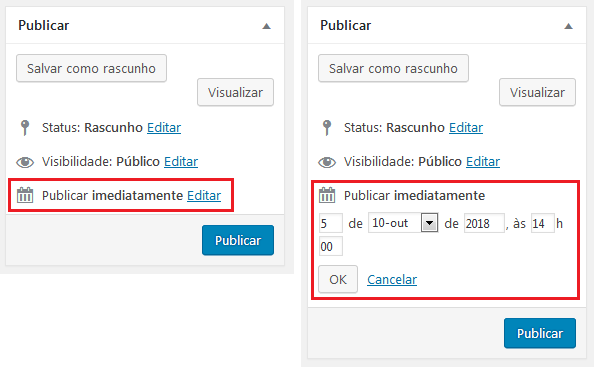 Duas imagens da caixa de publicação com o recurso Publicar em destaque, antes e depois de o botão Editar ser clicado.