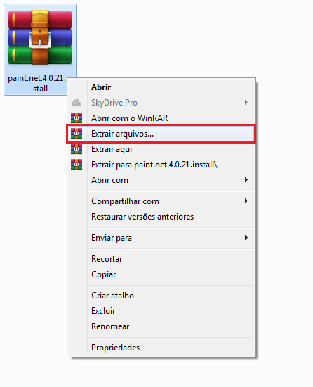 Imagem do ícone dos arquivos compactados com o menu que aparece ao se clicar com o botão direito sobre ele ao lado, a opção Extrair arquivos está em destaque