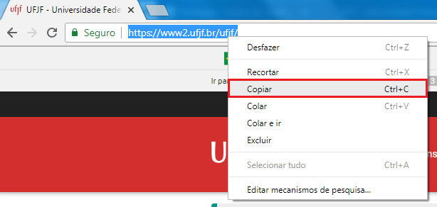 Imagem da barra de endereço do navegador com o link completo de um site externo selecionado e a opção Copiar em evidência