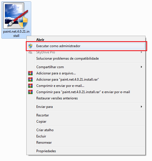 Imagem do ícone do instalador com o menu que aparece ao se clicar com o botão direito sobre ele ao lado, a opção Executar como administrador está em destaque