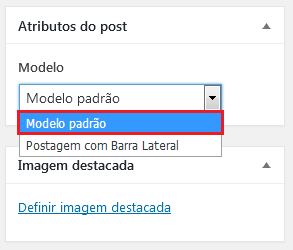 Imagem do recurso Modelo na caixa Atributos do post, a opção Modelo Padrão está em destaque.