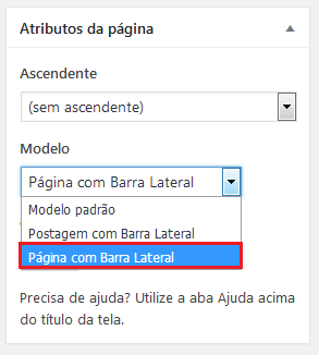 Imagem do recurso Modelo na caixa Atributos da página, a opção Página com Barra Lateral está em destaque.