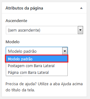 Imagem do recurso Modelo na caixa Atributos da página, a opção Modelo Padrão está em destaque.