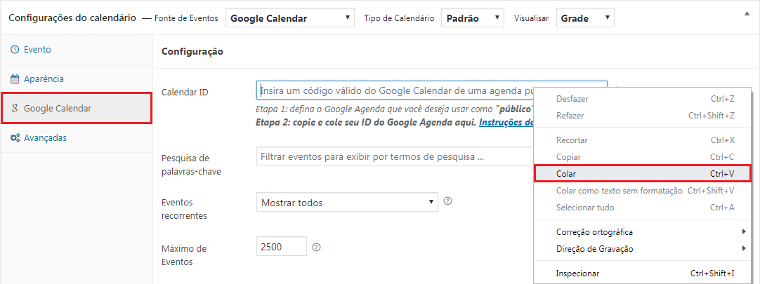 Imagem da caixa Configurações do calendário com as opções Google Calendar e Colar em destaque