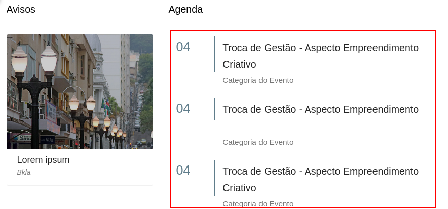 Imagem de como a agenda de eventos fica exibida na página após a seleção