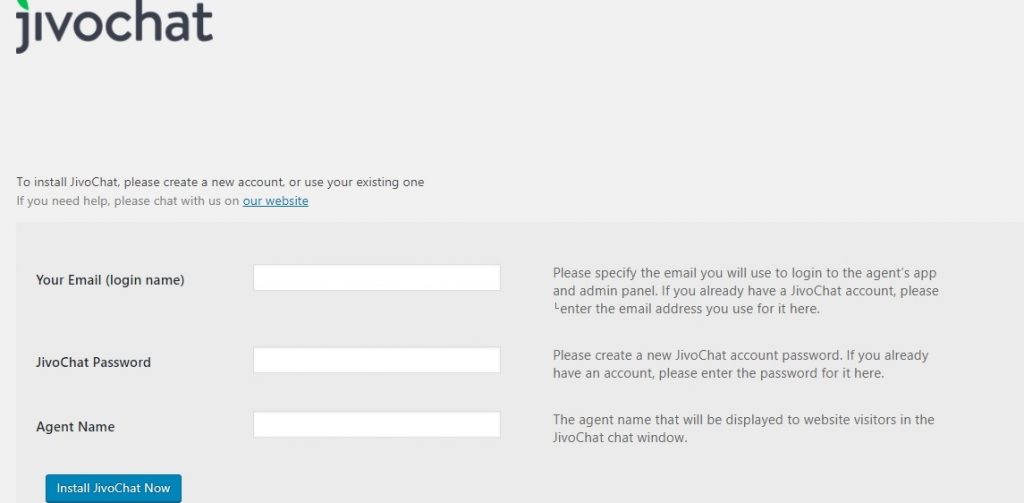 Tela de configuração da instalação do JivoChat no site