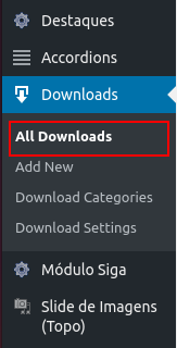 Menu lateral esquerdo onde está destacado a opção "Downloads" e depois "All Downloads" que ao ser clicada redireciona para a página onde é exibido todos os arquivos disponibilizados para download